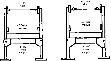 [sketch of dimensions for 36 and 42-inch wide modules]